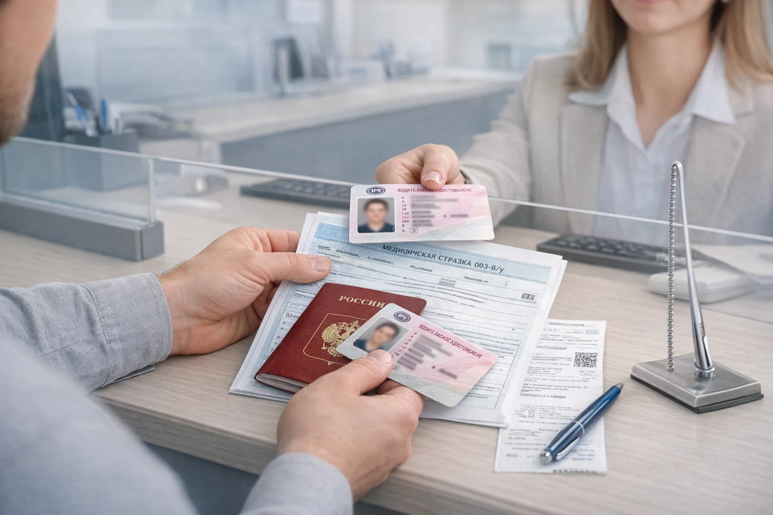 Подача документов на замену водительских прав: паспорт, старое удостоверение, медсправка и квитанция на стойке оформления.