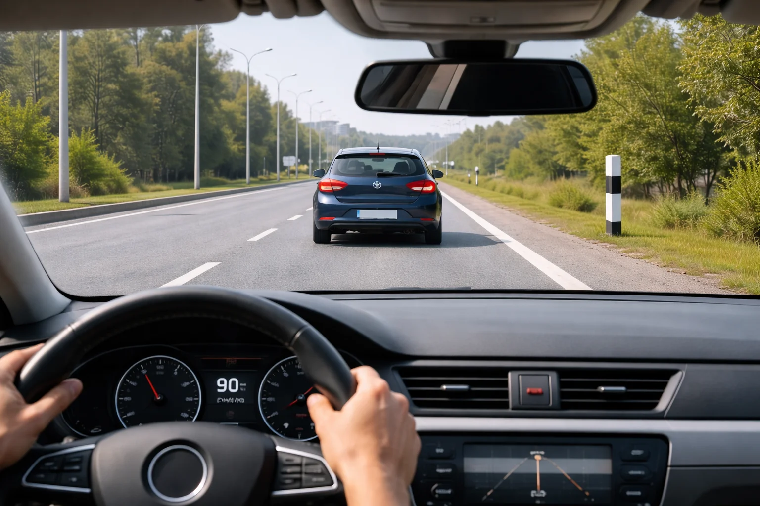 Вид из салона автомобиля: водитель держит безопасную дистанцию до машины впереди на дороге.