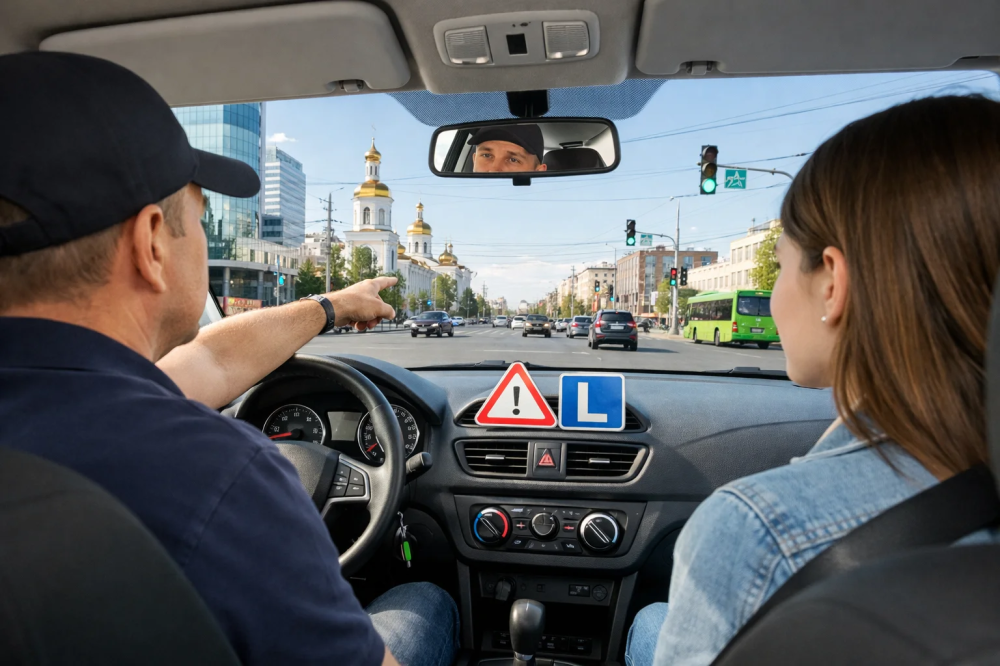 Ученик автошколы «Формула» за рулём учебного автомобиля на улицах Тюмени во время практического занятия