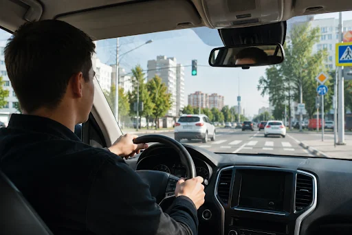 Практическое занятие по вождению в городских условиях с инструктором автошколы.