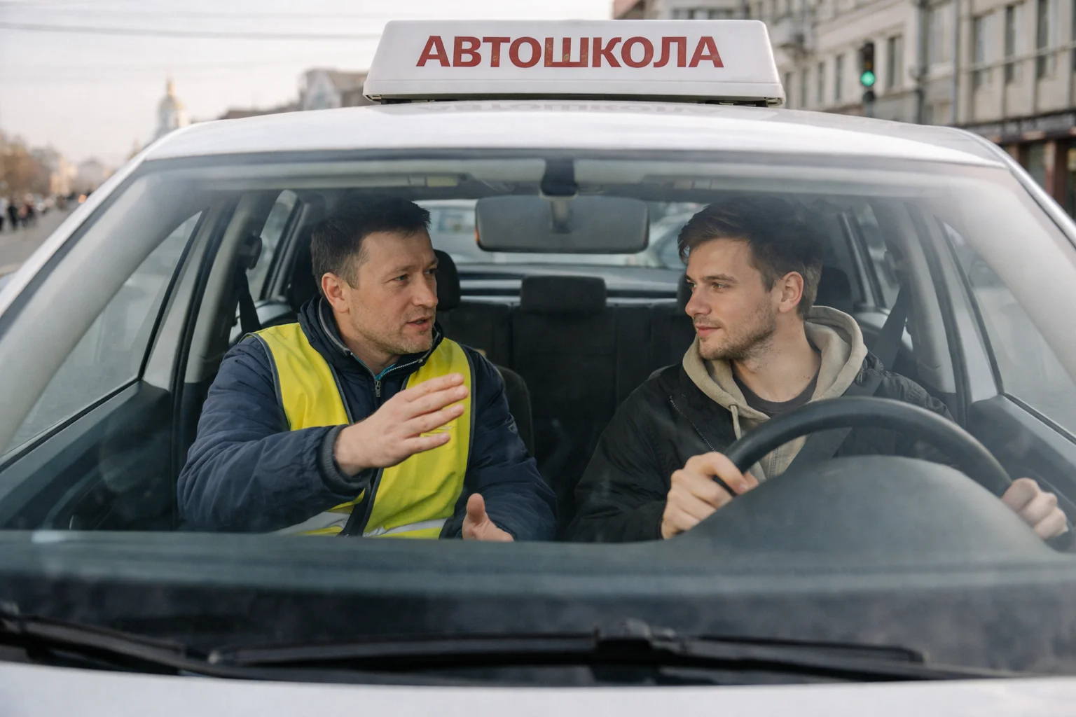 Иллюстрация к статье о стоимости обучения в автошколе — ценник и руль на нейтральном фоне