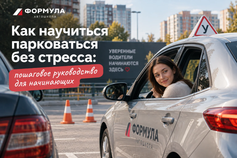 Начинающая водитель спокойно паркует автомобиль на городской парковке в Тюмени.