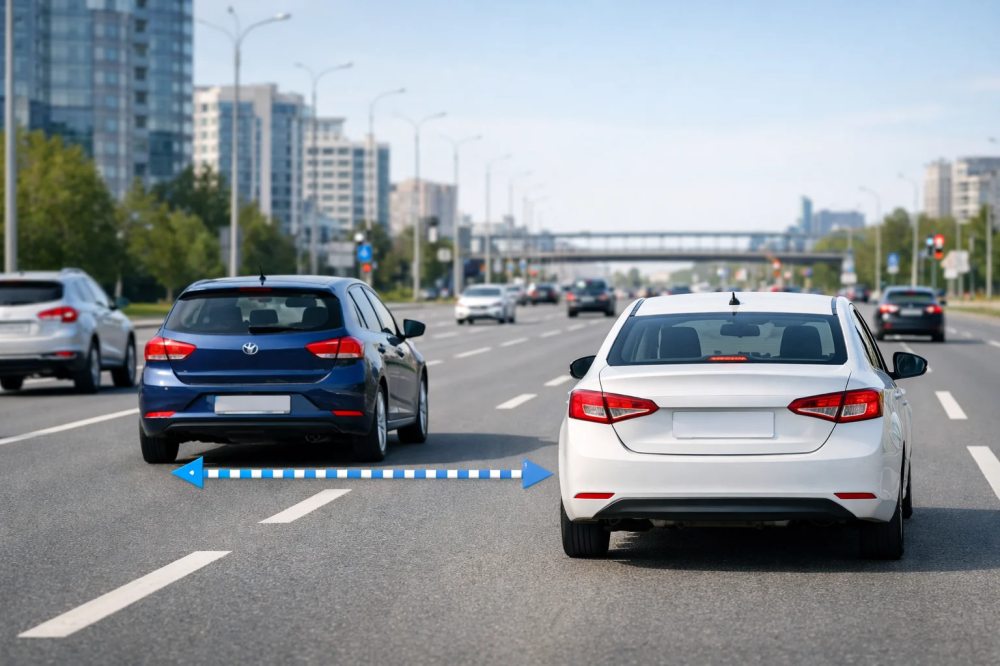 Два автомобиля в городском потоке держат безопасную дистанцию на дороге.