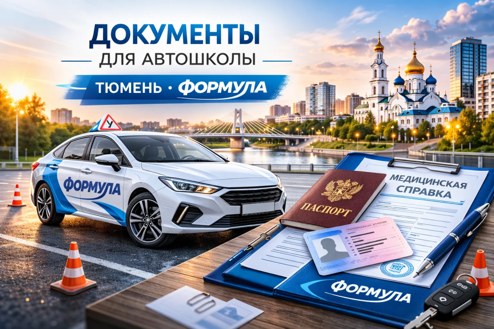 Картинка-анонс: документы для автошколы «Формула» в Тюмени — папка с документами и учебный автомобиль на фоне города.