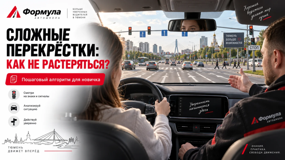 Ученик автошколы готовится проехать сложный городской перекрёсток вместе с инструктором.