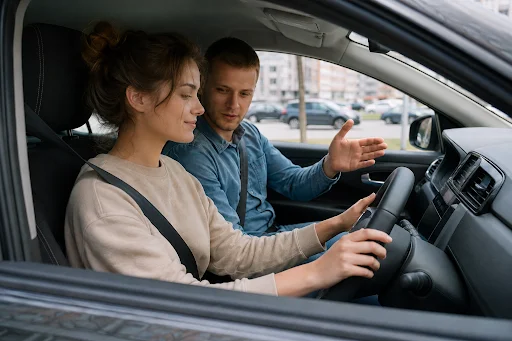 Практическое занятие по вождению на автодроме автошколы в Тюмени.