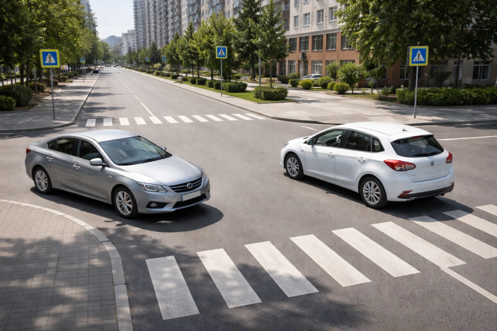 Две машины на нерегулируемом перекрёстке показывают ситуацию с правилом помехи справа.