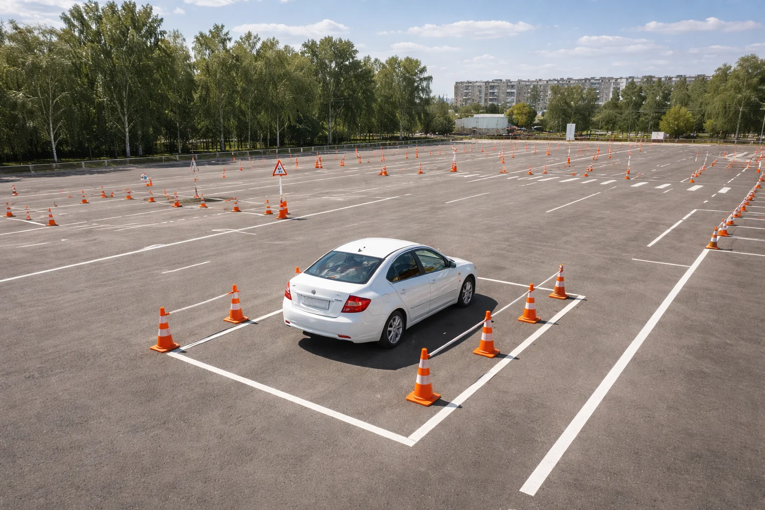 Инструктор автошколы «Формула» объясняет новичку органы управления автомобилем на первом занятии