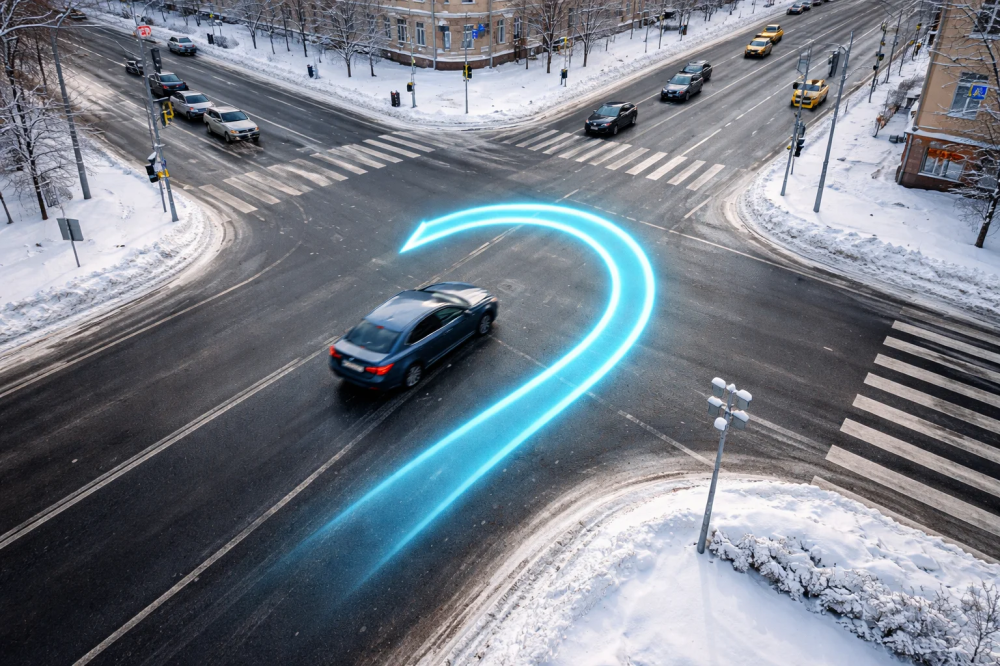 Автомобиль выполняет разворот на перекрёстке — вид сверху, автошкола Формула Тюмень