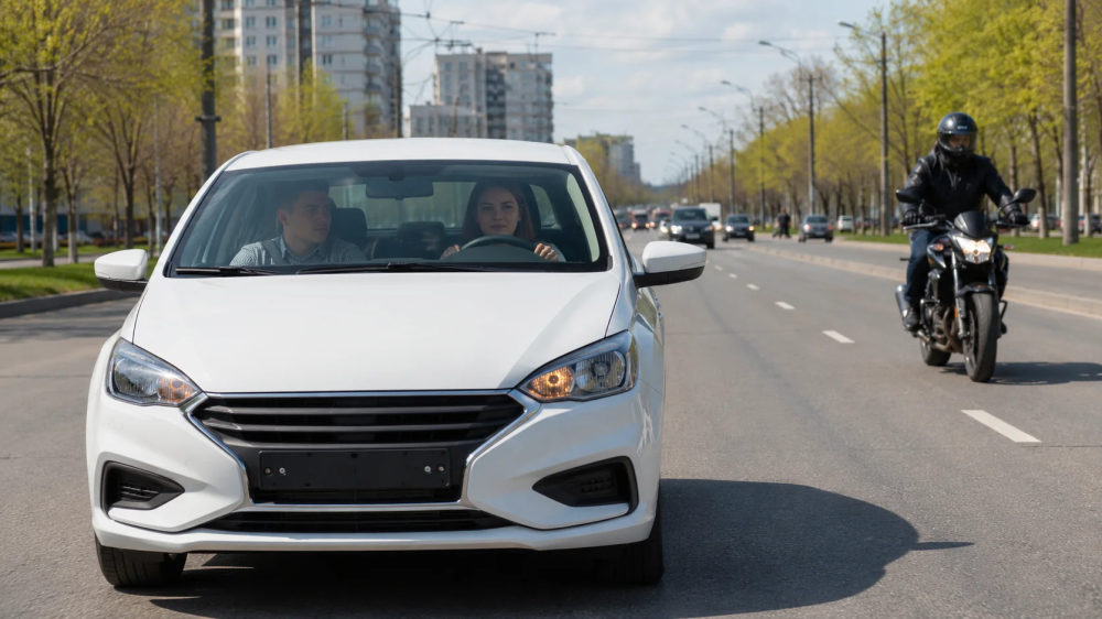 Ученик автошколы «Формула» проходит занятие по безопасному вождению в Тюмени рядом с мотоциклистом на дороге.